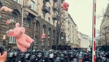 В Киеве полицию забросали игрушечными свинками у Администрации президента