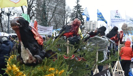Митинг под Радой: протестующие пришли с ёлками и коровьими головами