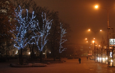 В Донецке на деревьях включили новогоднюю иллюминацию