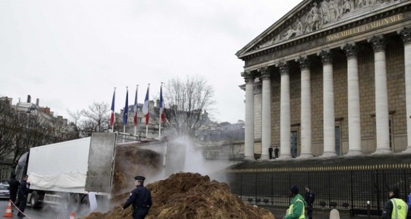 Во Франции водитель грузовика вывалил перед Бурбонским дворцом гору навоза  