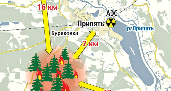 Схема пожаров в лесах под Чернобылем