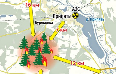 Схема пожаров в лесах под Чернобылем