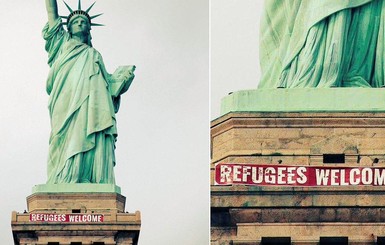 В Нью-Йорке на Статую Свободы повесили баннер 