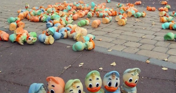 В Виннице неизвестные разбросали тысячи резиновых утят на детской площадке