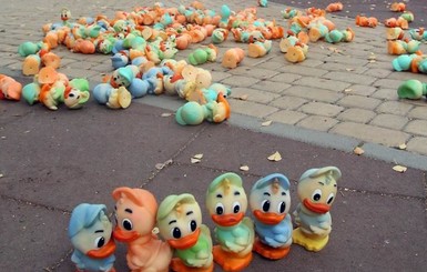 В Виннице неизвестные разбросали тысячи резиновых утят на детской площадке