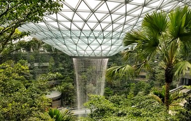 В Сингапуре в аэропорту с крыши льется водопад и растут сады