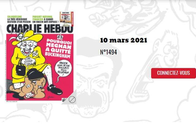 На обложке журнала Charlie Hebdo появилась карикатура на британскую королеву, которая душит Меган Маркл