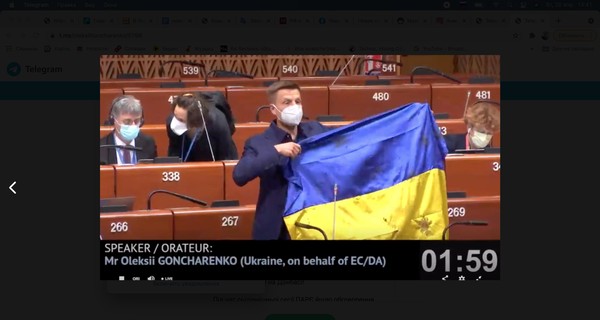 Президент ПАСЕ остановил выступление Гончаренко из-за того, что он начал показывать простреленный флаг