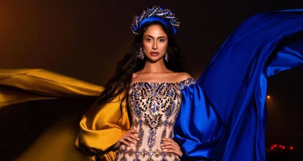 Украинка Анастасия Панова показала национальный костюм с сине-желтым шлейфом для конкурса Miss Charm