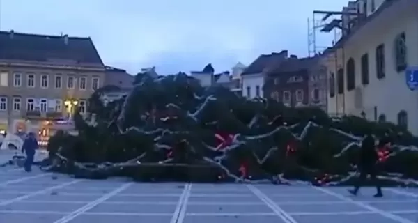 В Румынии из-за ветра упала 17-тонная главная новогодняя елка