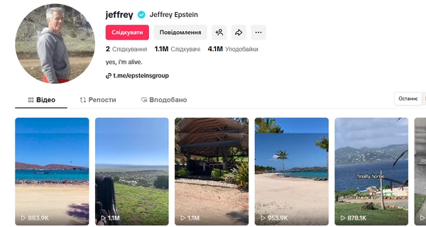 У TikTok верифікований акаунт “Епштейна” за добу набрав понад мільйон підписників