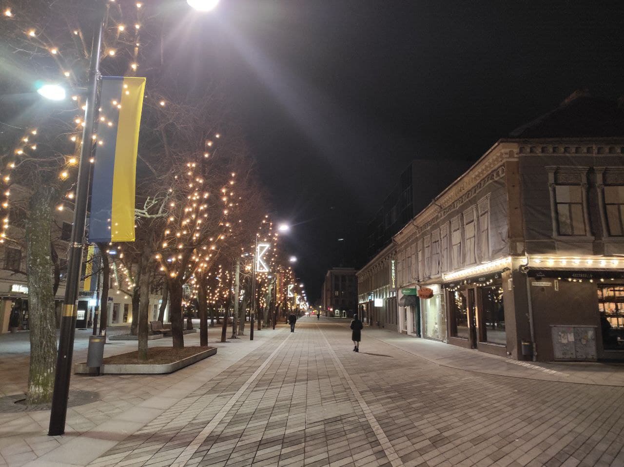 Центральна пішохідна вулиця Каунаса – Лайсвес алея – вся обвішана українськими прапорами. Фото: Олена Павленко