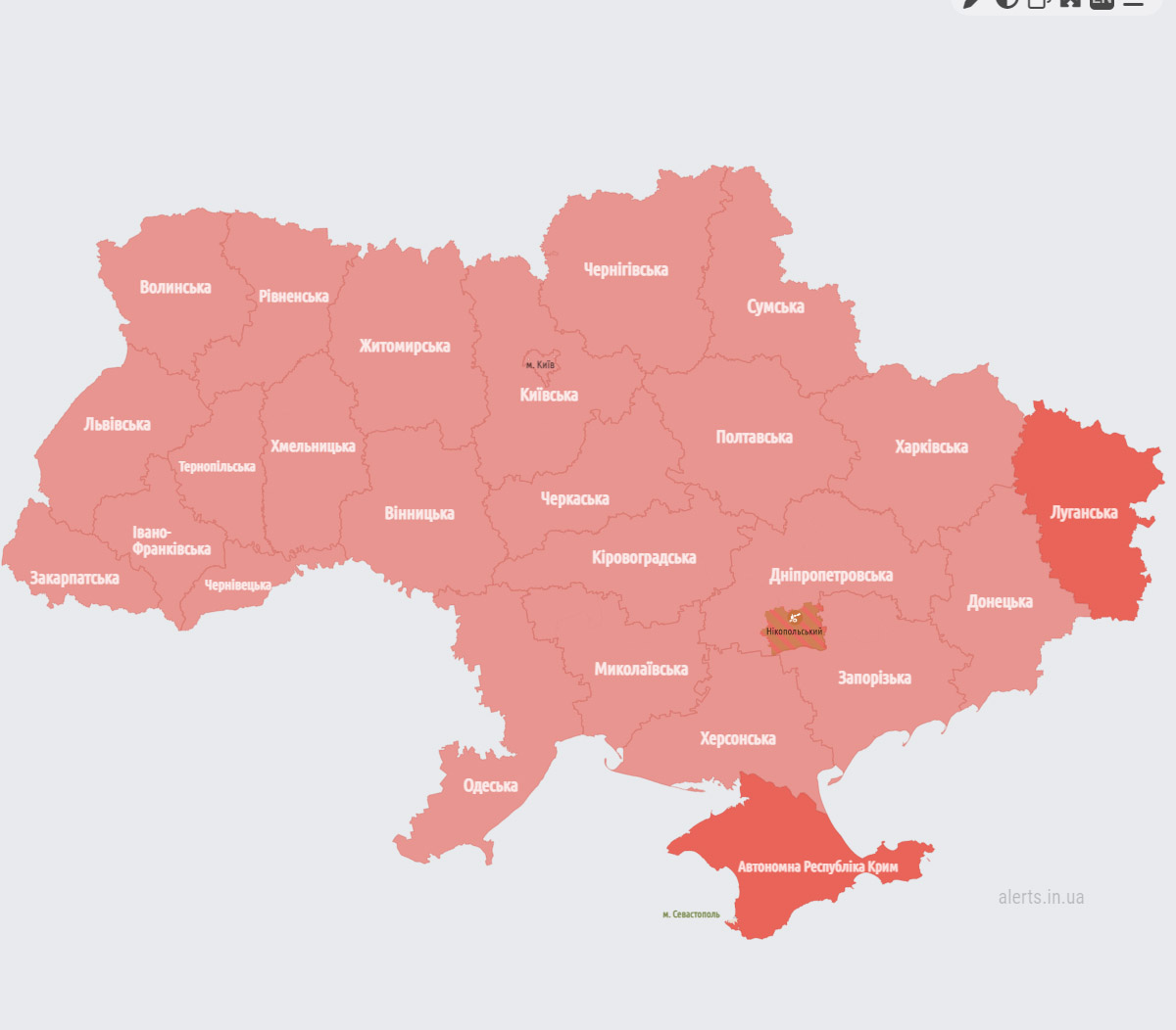 Карта тревог по состоянию на 10:00. Фото: alerts.in.ua