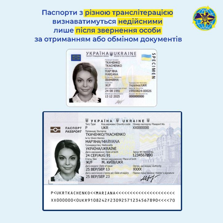 На сьогодні паспорти, у яких різна транслітерація написання прізвища або імені, є чинними до закінчення строку їх дії. ​Фото: https:/dmsu.gov.ua/