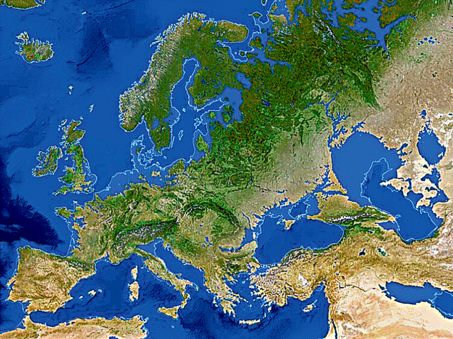 Затоплена Європа. «Допотопні» межі позначені білою лінією, місцевості, що пішли під воду, - блакитним кольором. Прощавайте, Лондон, Венеція, Голландія та Данія? Мало що залишиться і від Латвії, Литви та Естонії? Фото: YouTube
