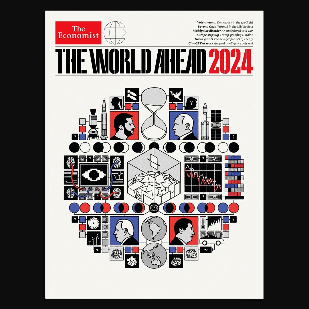 Обкладинка-прогноз на 2024 рік. Варіантів читання може бути декілька. Фото: instagram.com/theeconomist