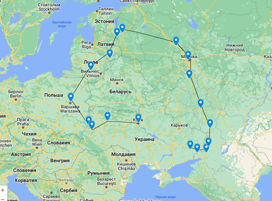 Складний маршрут з Донецька до Києва сьогодні можна подолати за 70 годин (у кращому випадку). Зображення: Google maps
