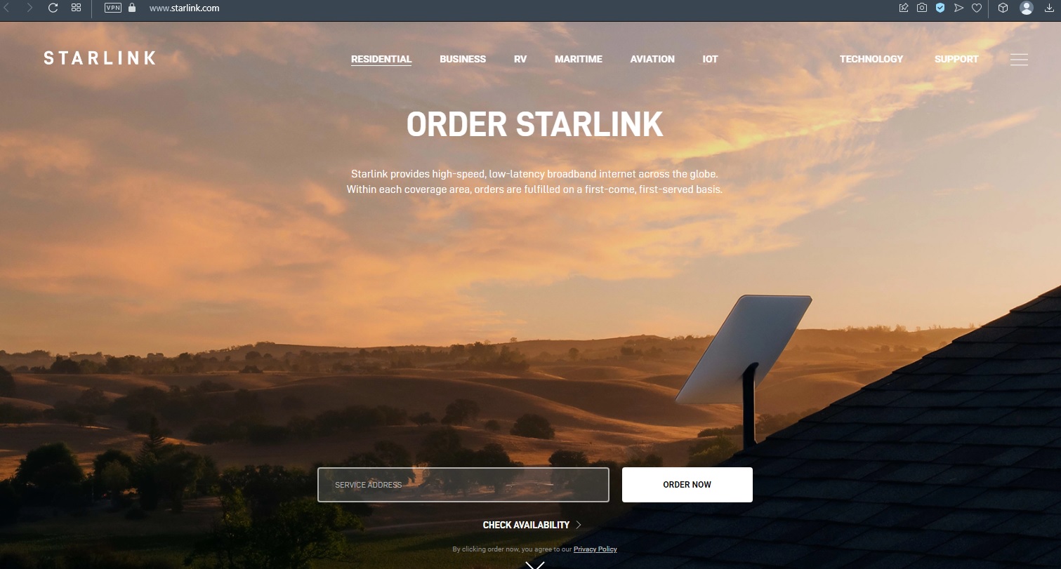 Форма для заказа Старлинка на официальном сайте. Скрин starlink.com