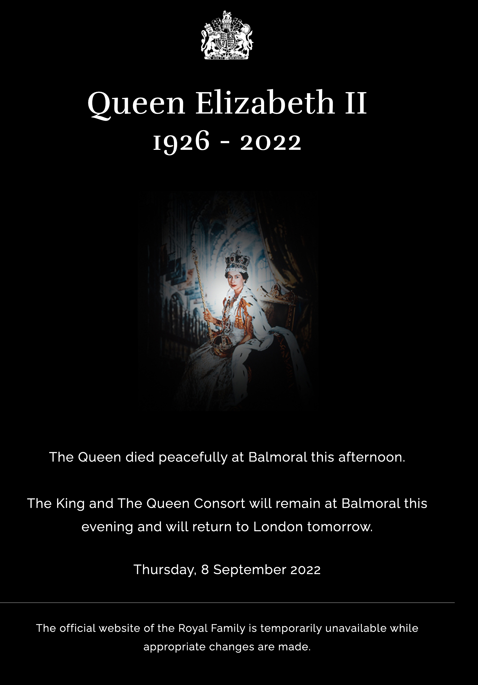 Сообщение о смерти Елизаветы II на сайте королевской семьи. Фото: royal.uk